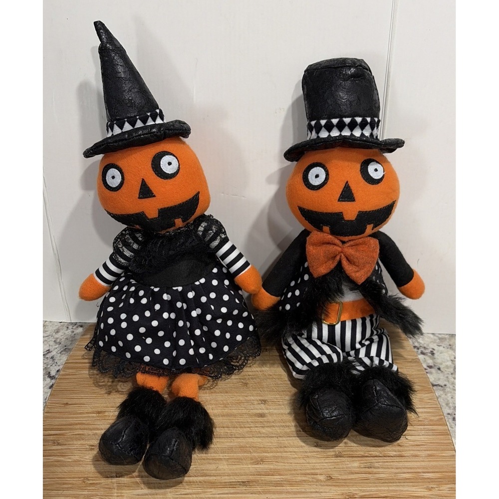 Mr & Mrs Pumpkin Head Sitting Dolls Set 18.5" Halloween Tabletop Decor Plush